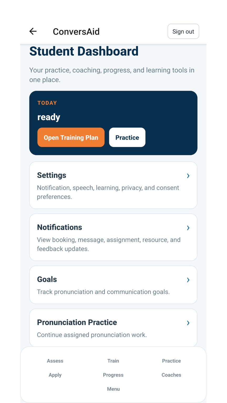 ConversAid student dashboard